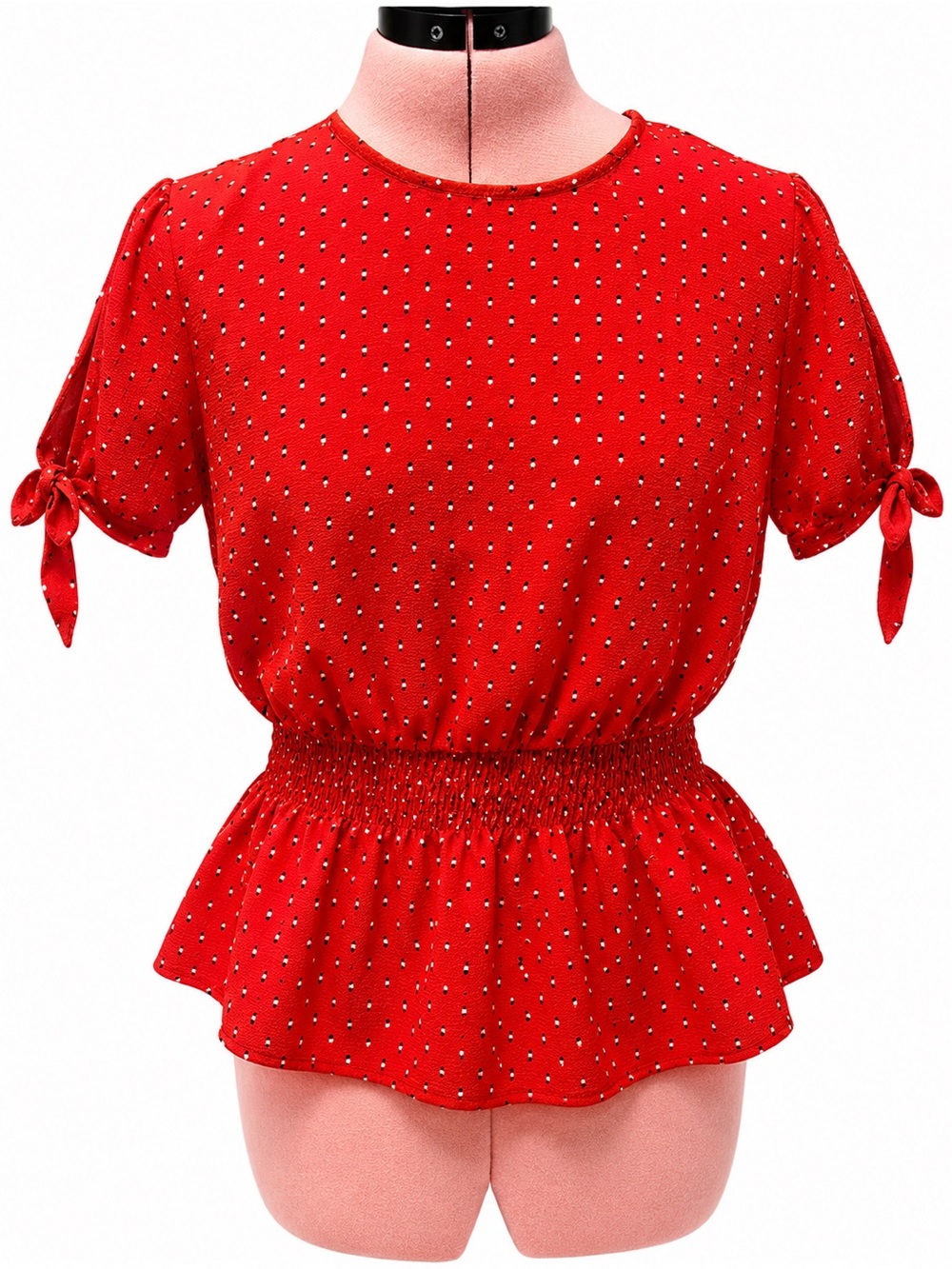 Red Polka Dot Peplum Tie-Sleeve Top